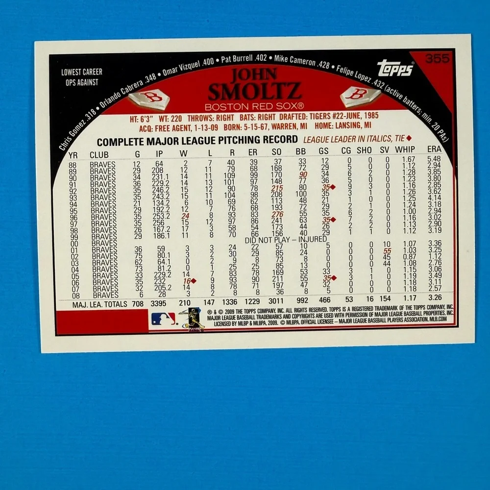 2009 Topps #355 John Smoltz Boston Red Sox - Picture 2 of 2